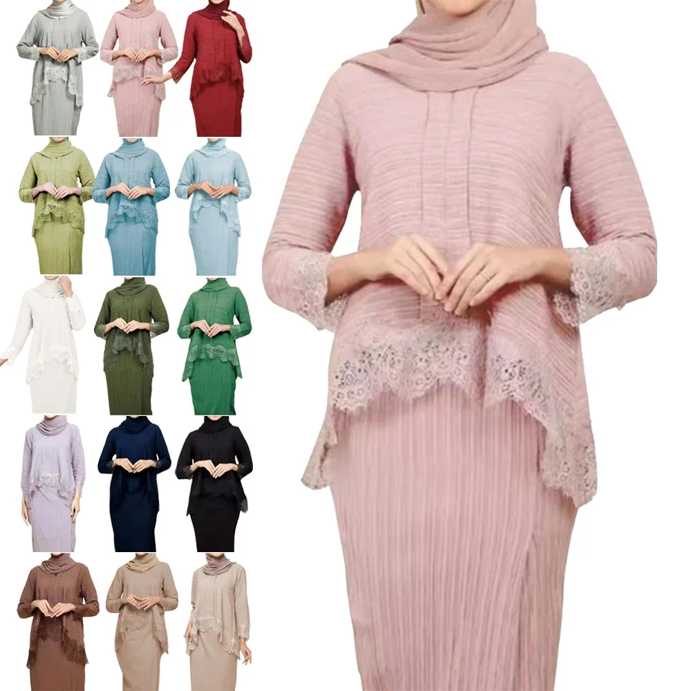 

Muslim Women Lace Tops and Skirt Two Pieces Set Dubai Abaya Turkey Kaftan Ramadan Eid Islamic Clothing Arabic Robe Outfits Dress