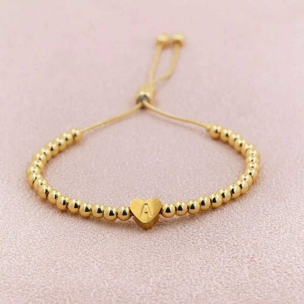 2024 New Fashion A-Z Initial Letter Heart Charms  Pave Zirconia Gold Color Adjustable Bangle  Bracelet For Women Jewelry Gift