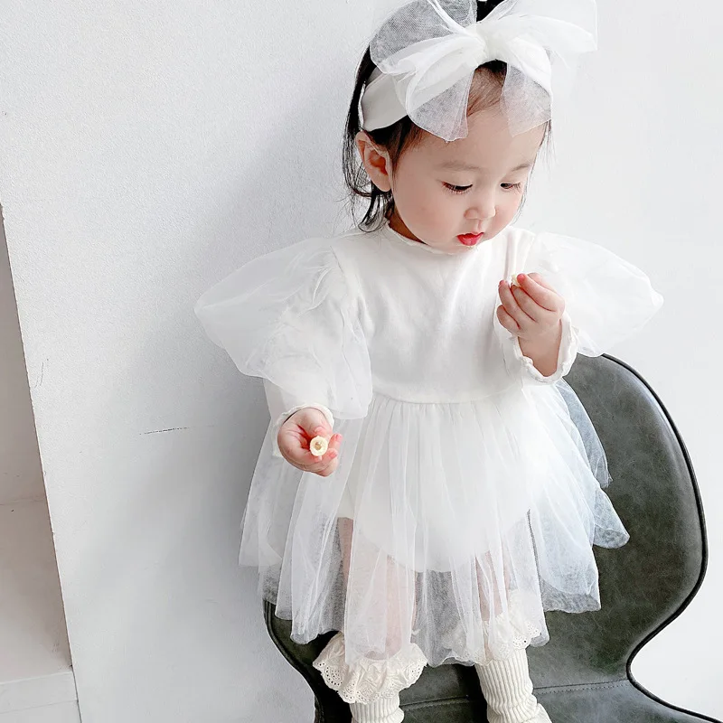 

0-3T Princess Baby Girls Romper Dress Elegant Newborn Kid Clothes Long Sleeve Ruffles Jumpsuit Mesh Party Dresses Cute Outfit