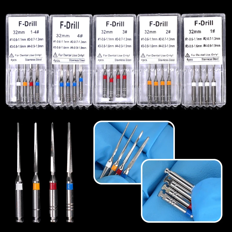 

4 шт./кор. F-сверла, файлы для корневых каналов, сверла из нержавеющей стали для стоматологических разверток из стекловолокна, двигатель, сменный инструмент для стоматологического инструмента