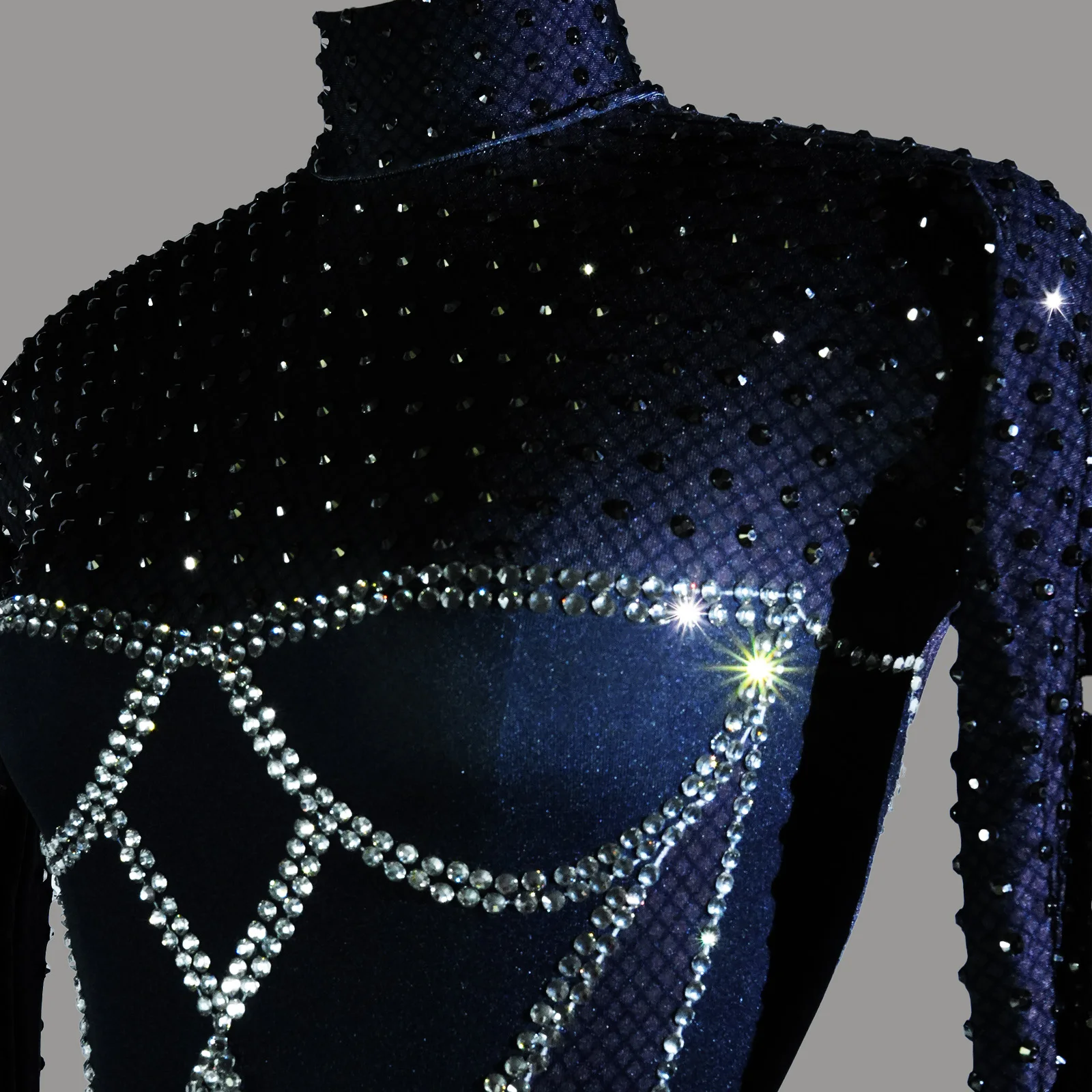 Sexy High Neck Long Sleeve Spandex Blend Jumpsuit with Silver Sequin Trim Singer Dancer Drag Queen Outfit Costume Performance