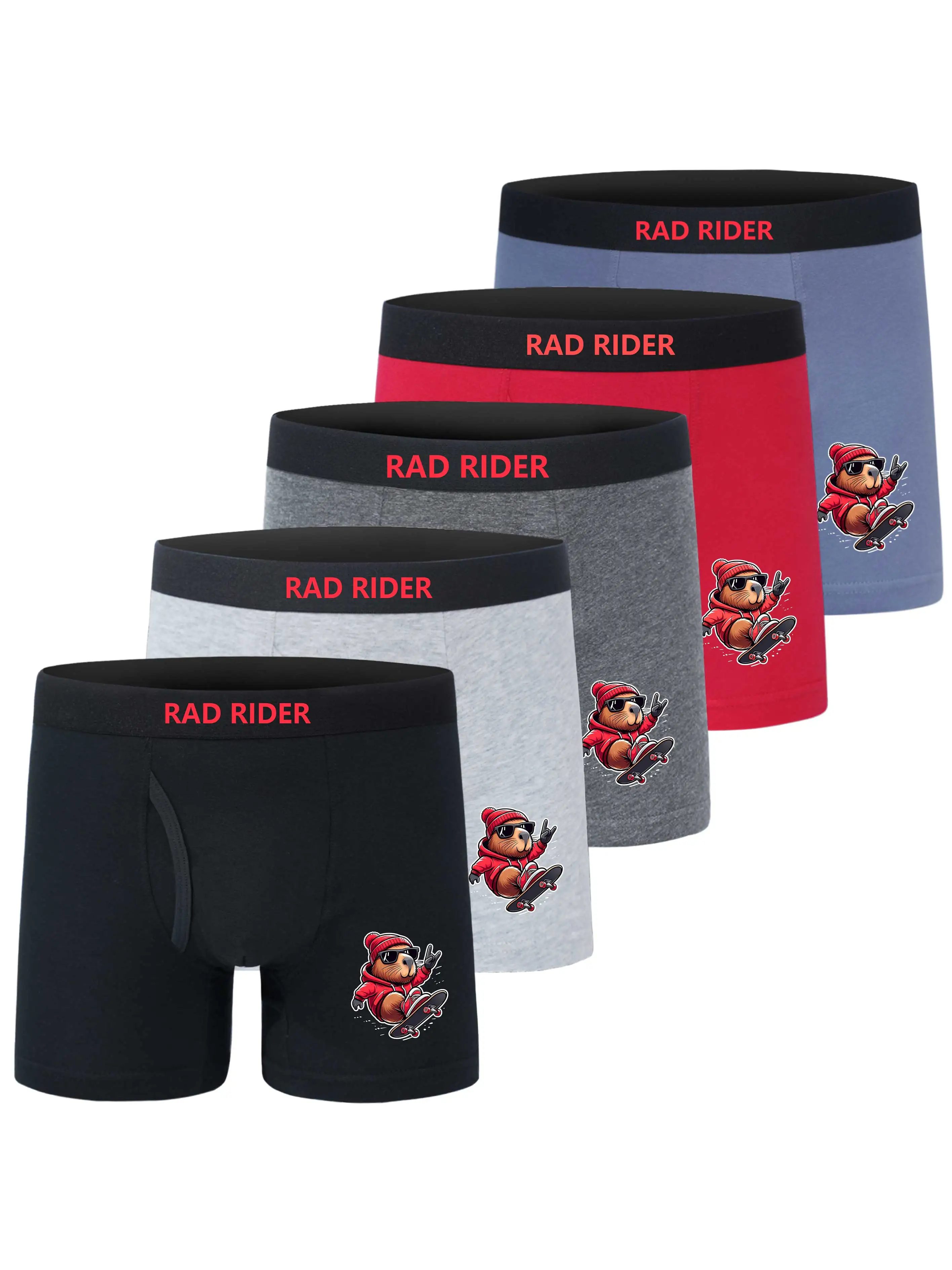 

5PCS Boys' Boxer Briefs 95% Cotton 5% Elastane Comfort Fit Underwear with Rad Rider Skateboard Beaver Print