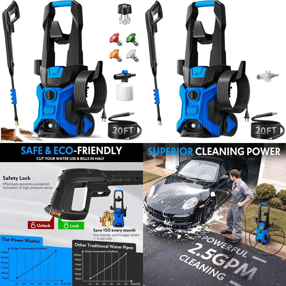 

Мойка высокого давления с 4 насадками и регулируемым баком для моющего средства для уборки дома и автомобиля