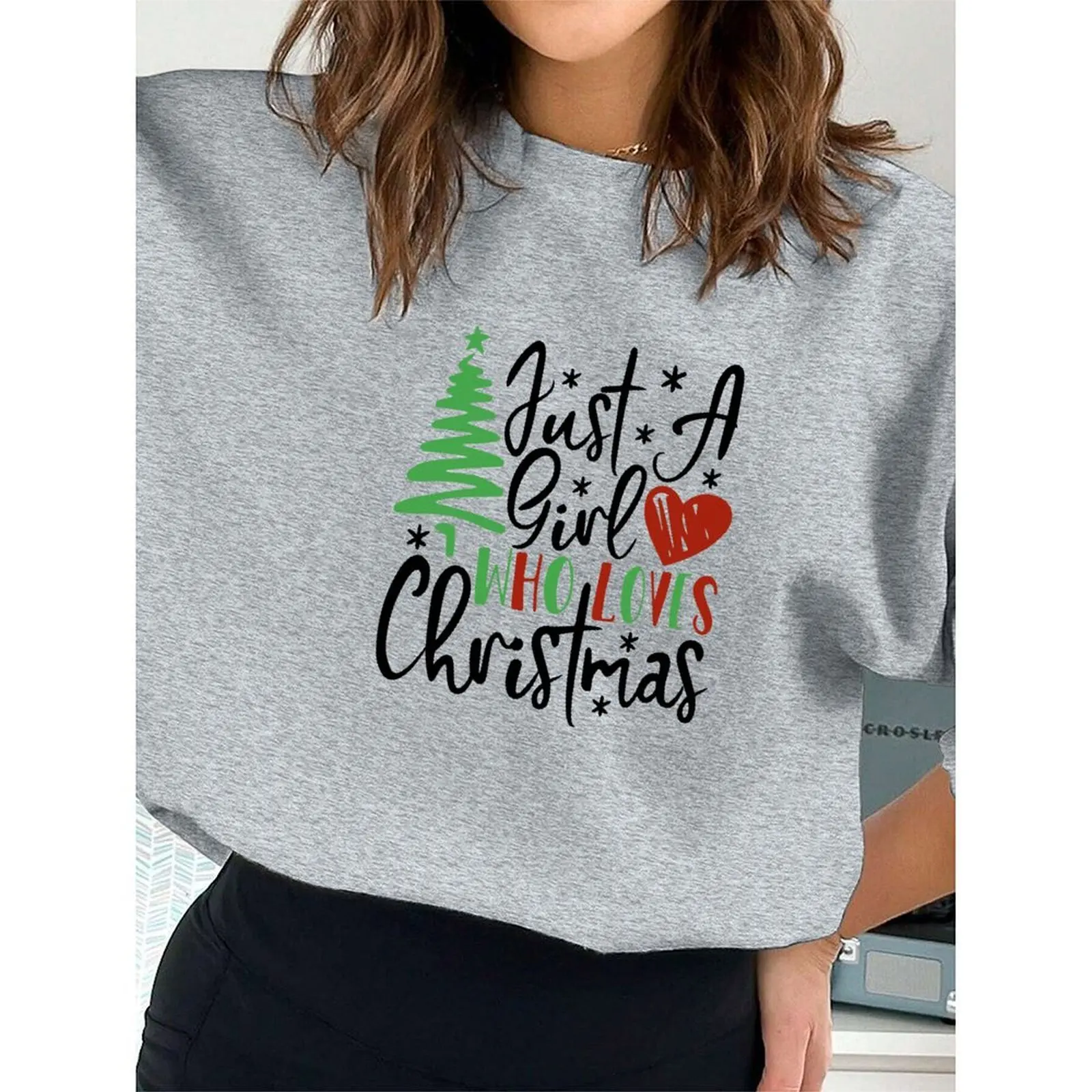 라운드 넥 긴 소매 풀오버 여성 우아한 스웨트 셔츠 벨벳 겨울 캐주얼 루즈 편안한 크리스마스 프린트 패턴 탑