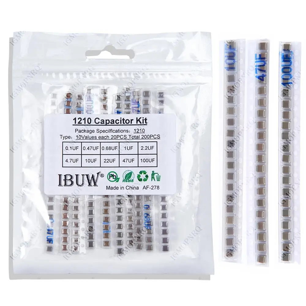 

1210 SMD Capacitor assorted kit ,10values*20PCS=200PCS/lot 100nF~100uF Samples Kit electronic diy kit hjxrhgal