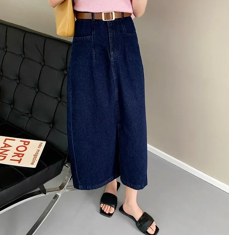 

Girls Washed Denim Skirt Split Mid-length Spring Summer High Waist Blue Ladies A Line Fashion Streetwear Jean Skirt