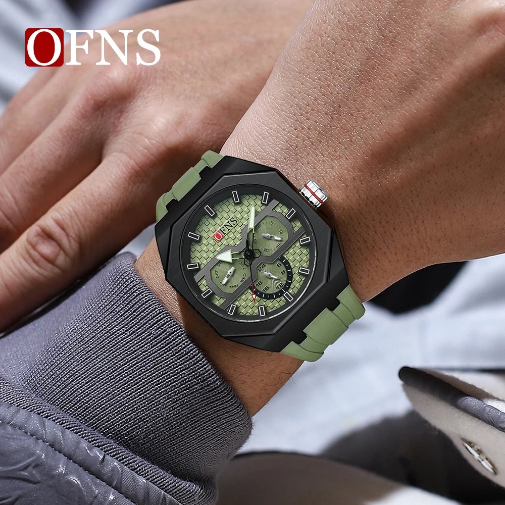 OFNS SD8023 ساعة رياضية للرجال كرونوغراف عسكري فاخر تاريخ مقاوم للماء ساعة سيليكون كوارتز ساعة اليد الأصلية
