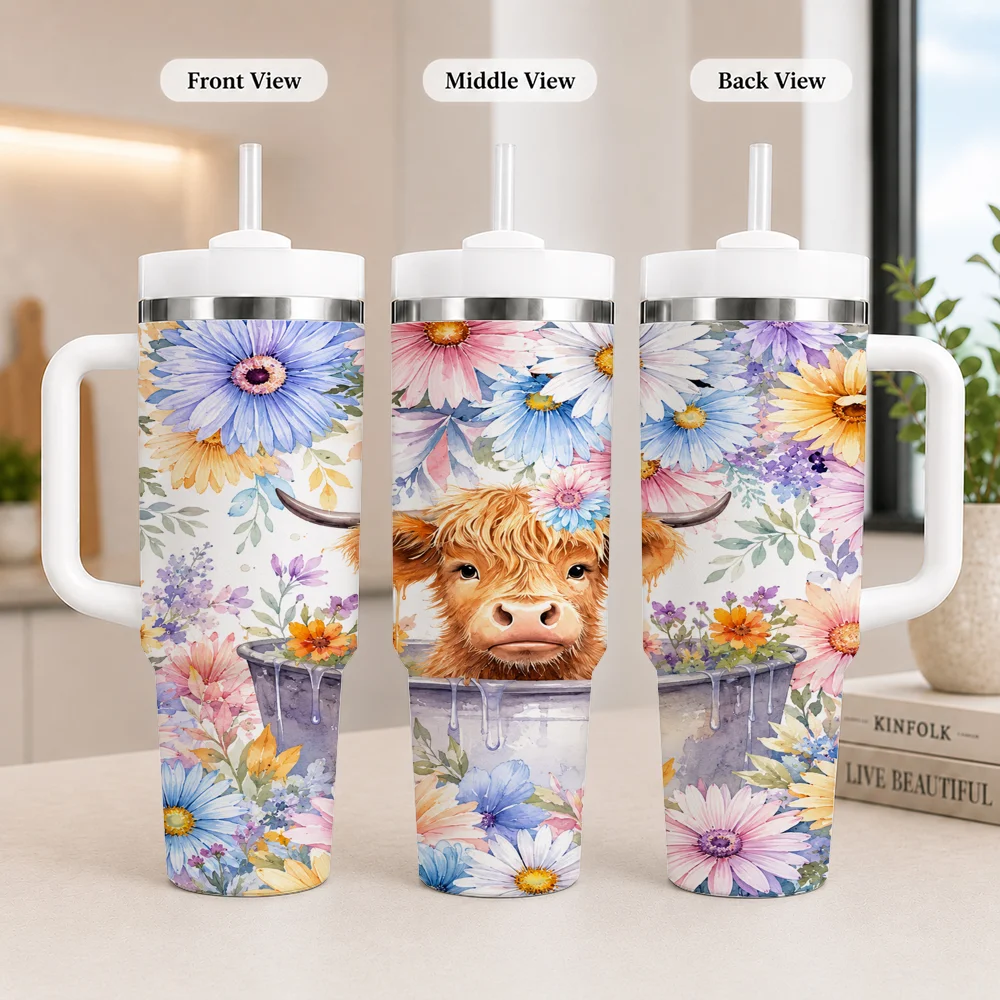 Boho Floral Highland Cow Country Style Vacuum Flasks 40oz Leakproof Steel Tumbler w/ Lid Straw Handle Hot Cold Drinks