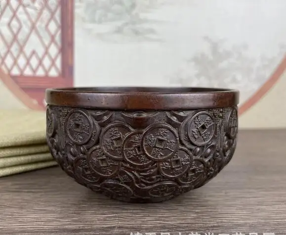 Antique Alloy Gold Embossed Dragon Bowl, Home Decor, Foyer Decoração