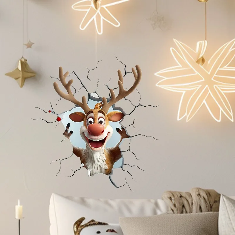 3D Christmas Wall Stickers Vinyl Deer Break-Through Wall Decal Elk Deer Cartoon Holiday Decoration Home Living Spaces