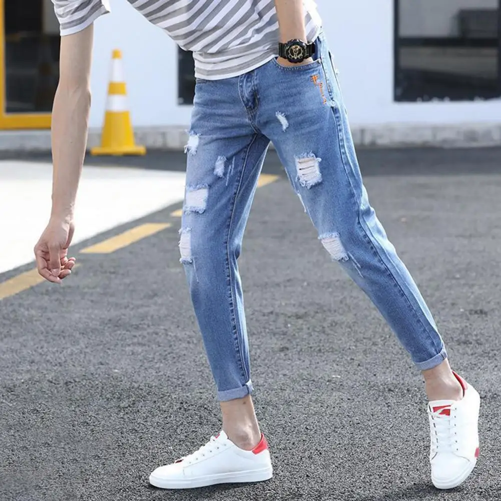 Fashion Denim Pants Washable Denim Trousers Mid-rise Men Elastic Slim Fit Denim Pants  Versatile