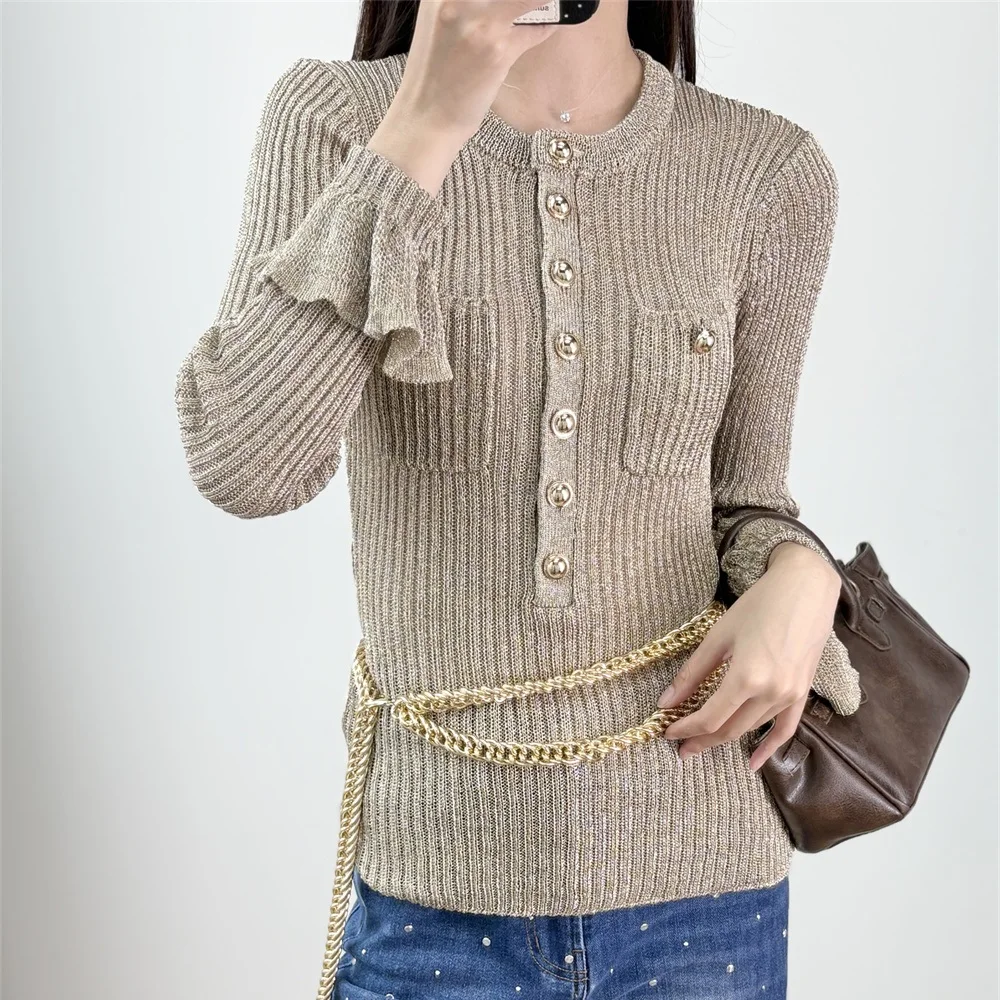 

2025 Women's Fashion T-Shirt with Gold Foil and Ruffled Sleeves, Corset, Women's Top, Shirt, Y2K New High-Quality Pullover bra