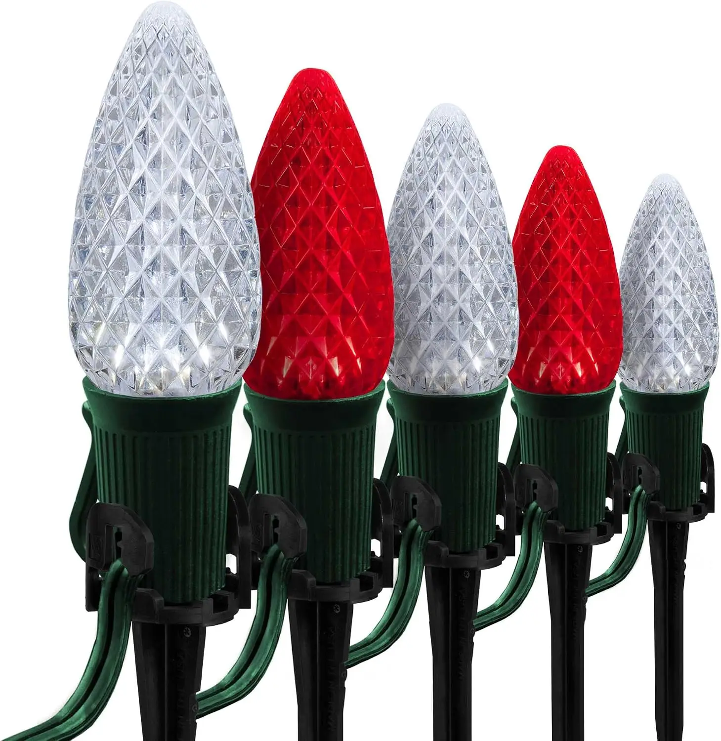50' OptiCore LED Red and Cool White Pathway Christmas Lights, C9 Outdoor Candy Cane Walkway Lights, 5" Stakes, Green Wire
