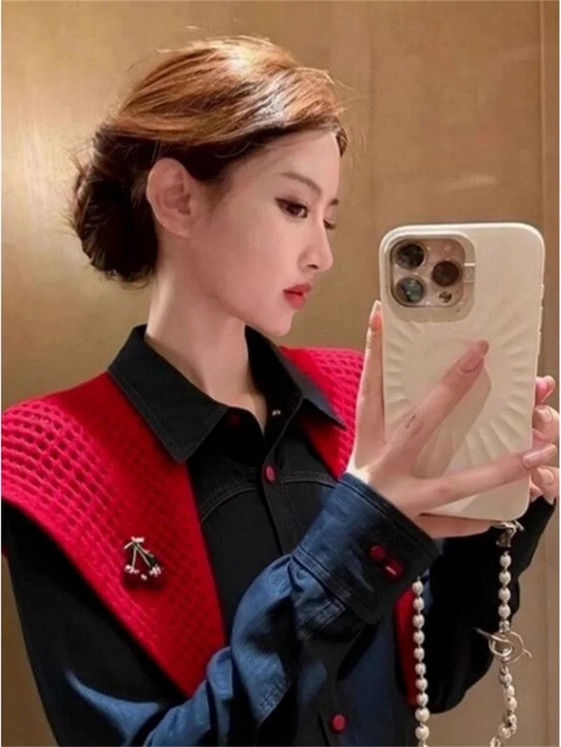 

Women's new design denim shawl shirt women's spring and autumn new temperament high sense unique beautiful Joker button shirt