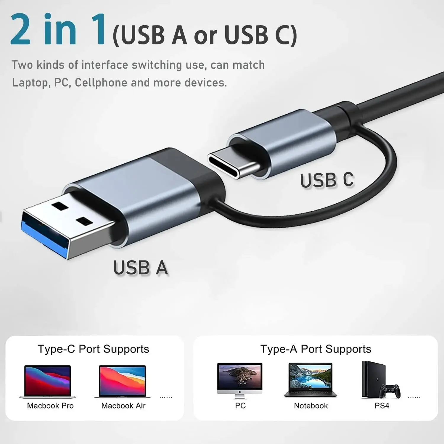 USB C Hub USB 3.0, Aluminum 8 in 1 USB Splitter with 1 X USB 3.0, 3 X USB 2.0 and 1 X USB C, SD/TF Card Reader, 3.5mm Aux Ports