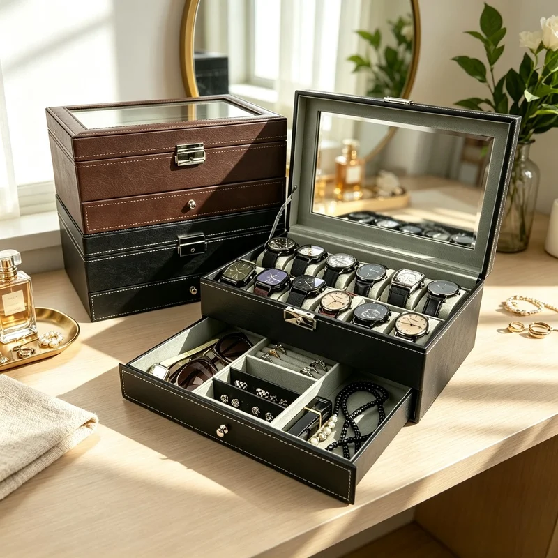 12 Slots Double‑Layer PU Leather Lockable Watch Display Box, Watch Storage Organizer Case for Men & Women Jewelry Collection