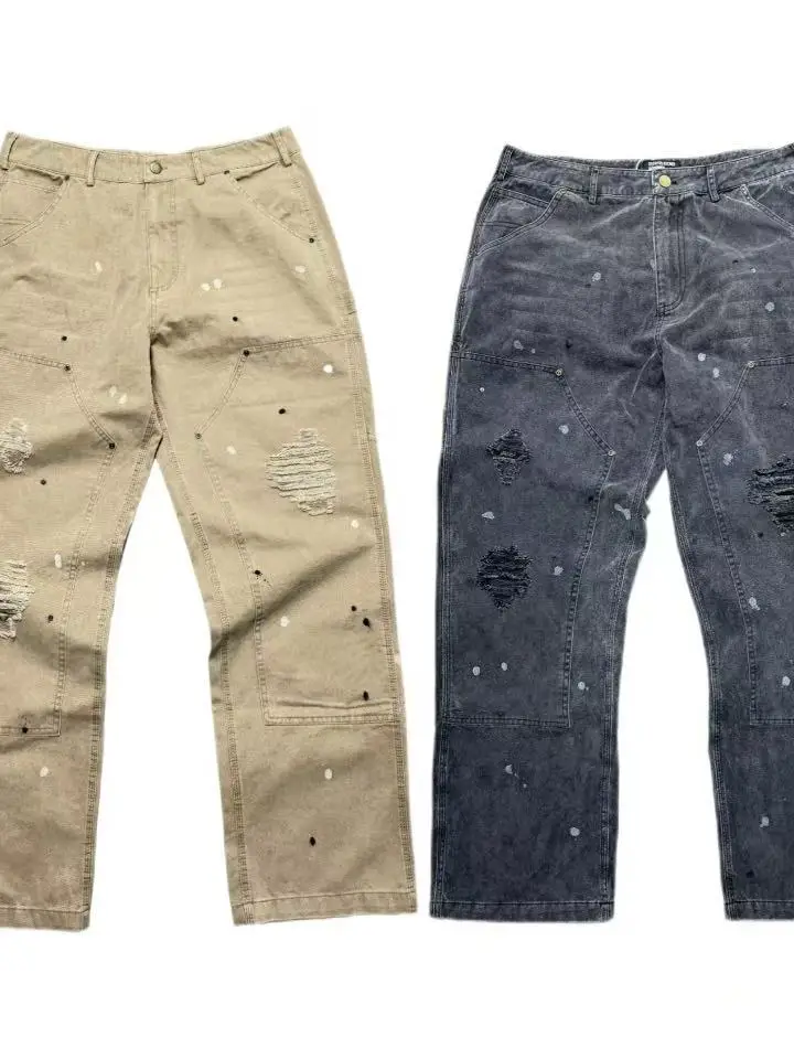 

American Sle Straight Leg Jeans Handmade Waed Outdated Logging Knee-Hole Double Knee Denim Casual Pants for Men