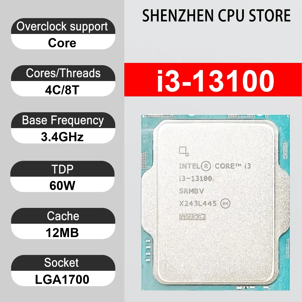 Intel Core i3-13100 4 Core 8 Thread 3.4GHz 60W 12MB Cache 10nm Raptor Lake DDR5-4800 / DDR4-3200 SRP7Z LGA1700 UHD Graphics 730