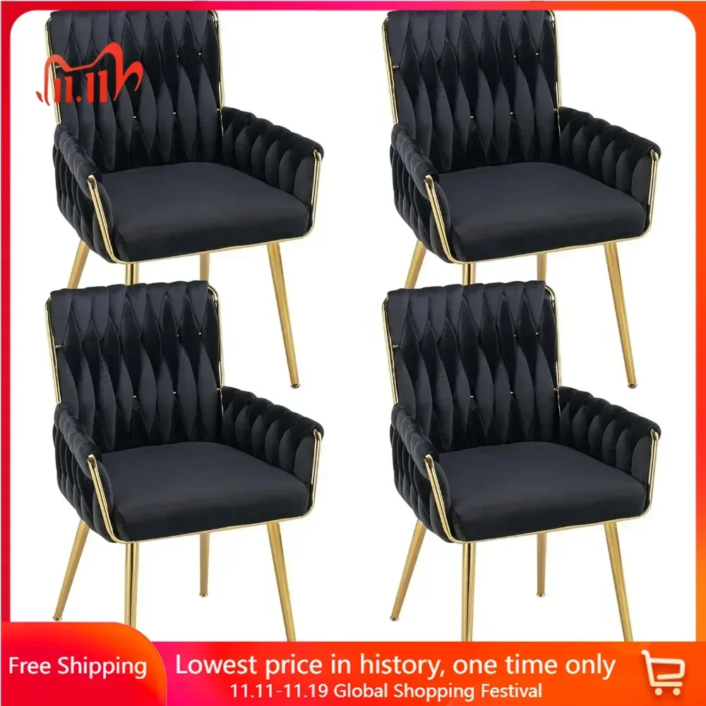 Velvet Dining Chairs Set of 4, Modern Hand Weaving Dining Room Chairs with Golden Metal Legs & Armrest, Dining Chairs