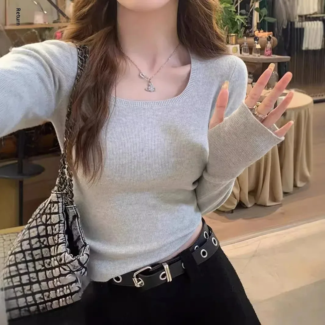 

Long Sleeve Knitted Top Low Collar Base Shirt Square Collar Inner Wear Autumn Win Winter Hot Sale Of The Season Women's Slim Fit