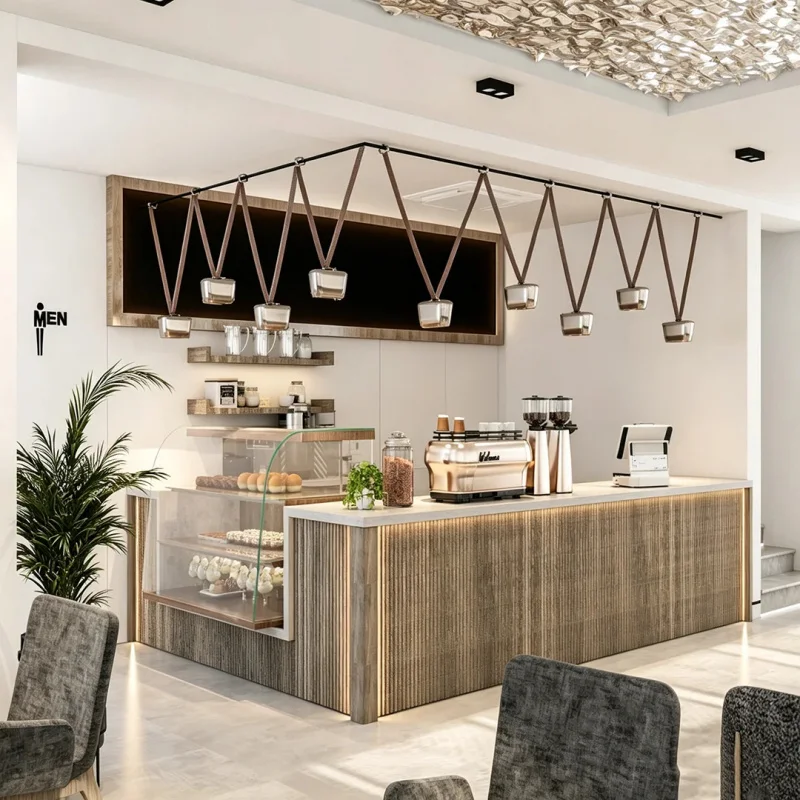 custom.Contemporary, Affordable Luxury Café with a Customisable Wavy Wooden bar Counter and bar Design Restaurants