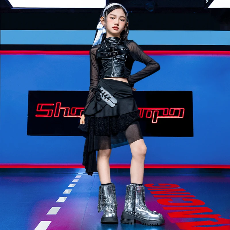 Costume de scène pour enfants, fille, hip-hop, haut et jupe en cuir patchwork, ensemble de vêtements 2 pièces, vêtements de scène pour enfants