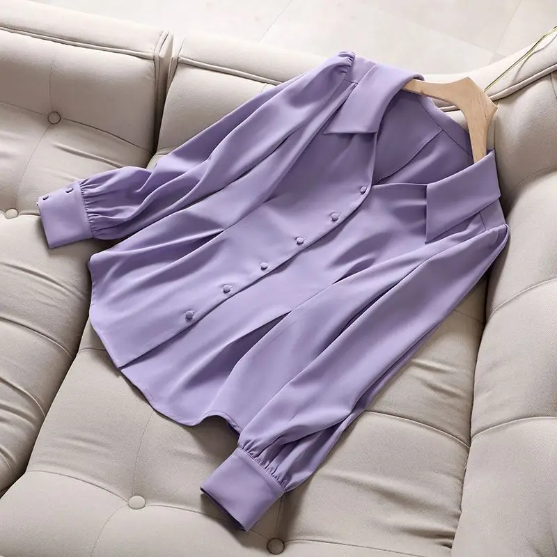 Temperament Mode Sping Neue Chiffon Shirts Frauen Solide Polo-Neck Einreiher Raffen Französisch Stil Puff Sleeve Lose Tops