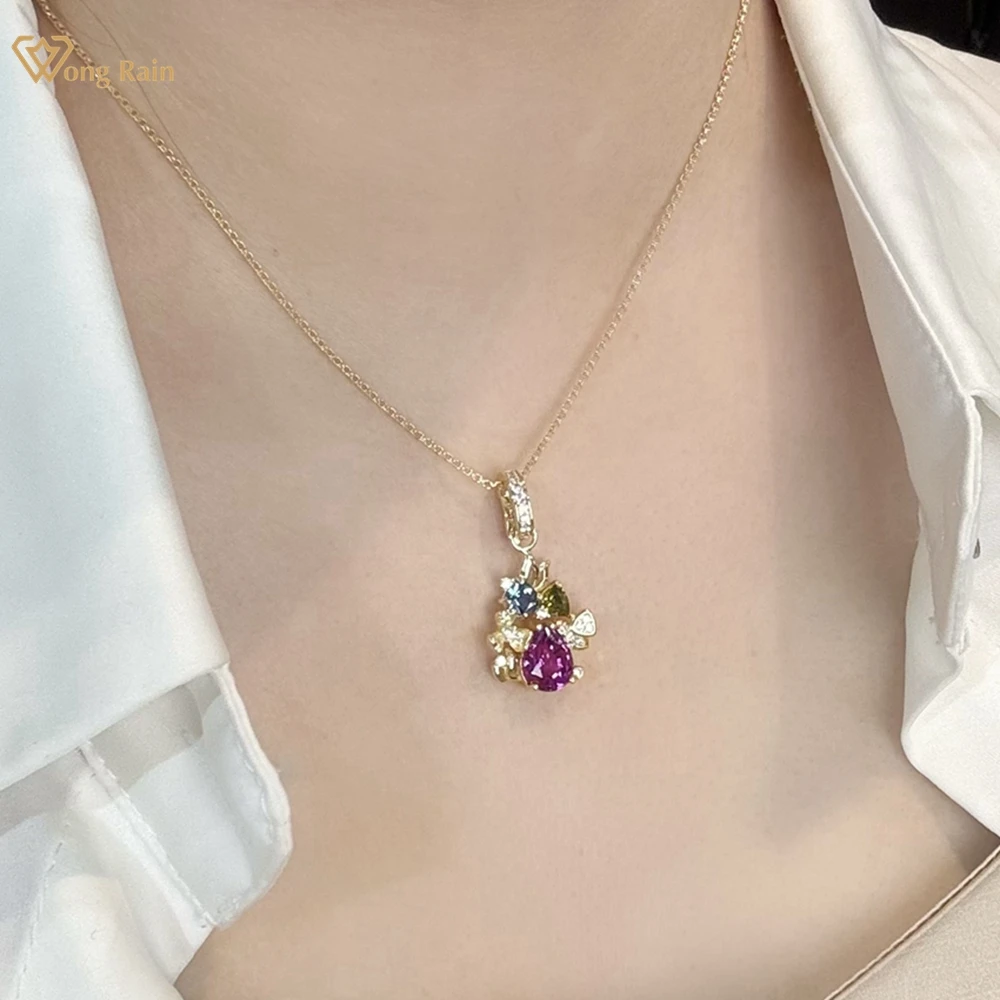 

Wong Rain Solid 925 Sterling Silver Pear Cut 8*10 MM 3 CT Purple Sapphire High Carbon Diamond Gems Pendant Necklace Fine Jewelry