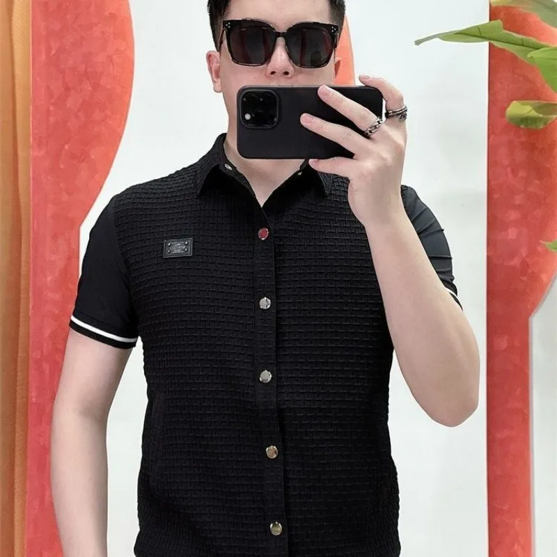 Summer New Trend Fashion Slim Fit Lapel Cardigan T-shirt Men\'s Solid Jacquard Screw Thread Patchwork Button Up Short Sleeved Top