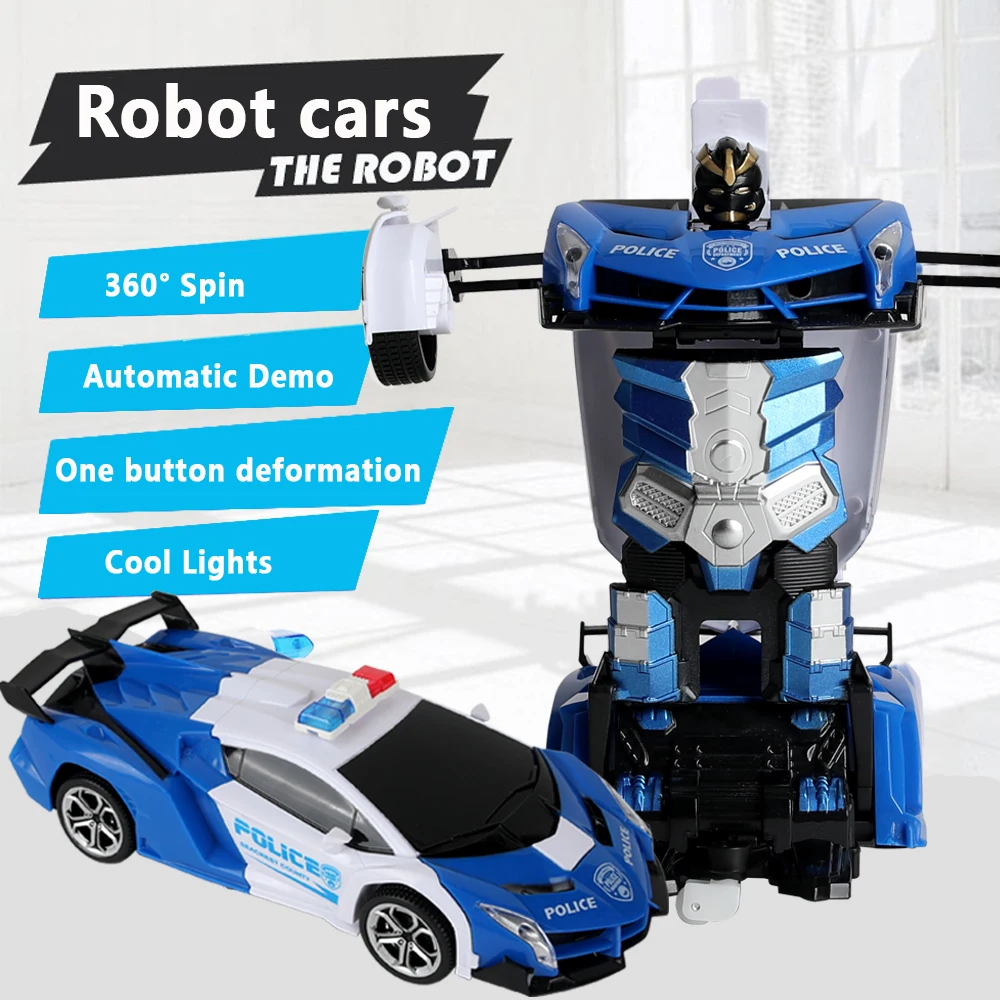 Remote Control Car Transform Car Robot, One Button Deformation to Robot with Flashing Light, 1:18 Scale Transforming Police Car