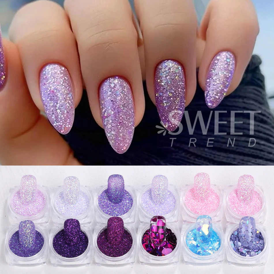 12 قطعة سلسلة الأرجواني الوردي مسمار بريق المجسم مختلط تألق السكر مسحوق الأظافر القلب مسدس رقائق لامعة مانيكير ديكور #3