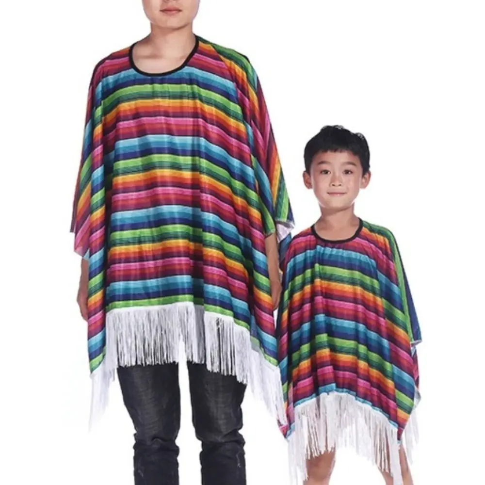 Mantello etnico Costume messicano Halloween Striscia arcobaleno Mantello stile messicano Mantello Mantello popolare Vesti Poncho messicano Festa di festa