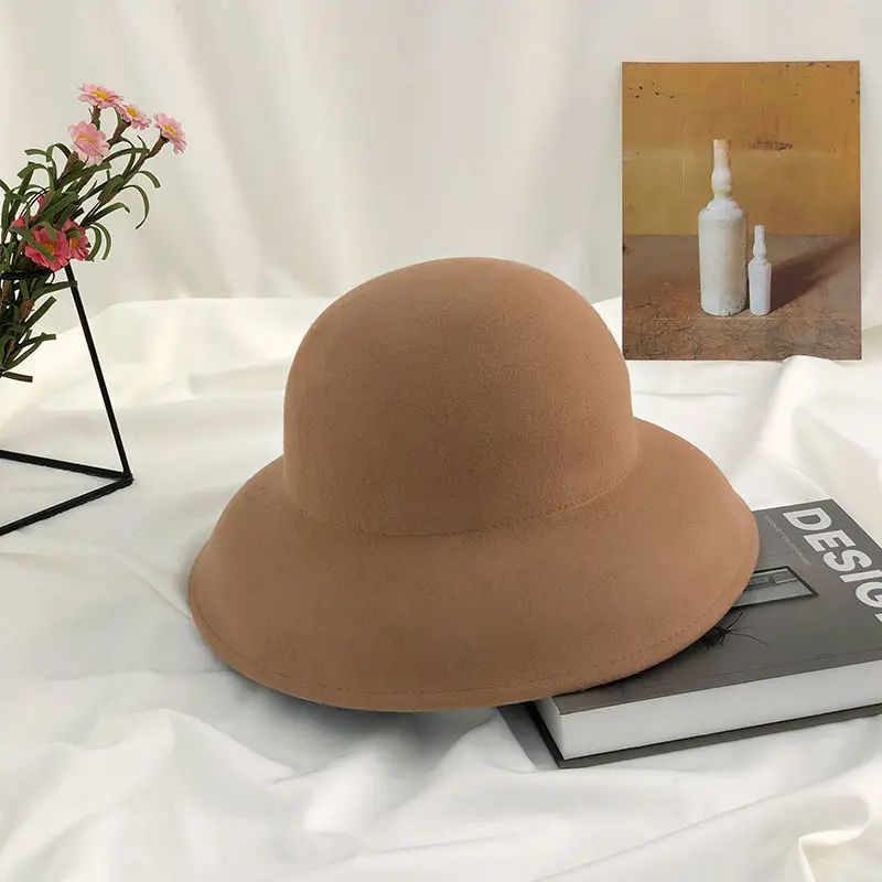 2023 New 100% Wool Hat Bell Hat Women\'s French Elegant Retro Hepburn Autumn and Winter Celebrity Pearl Wool Felt Bucket Hat