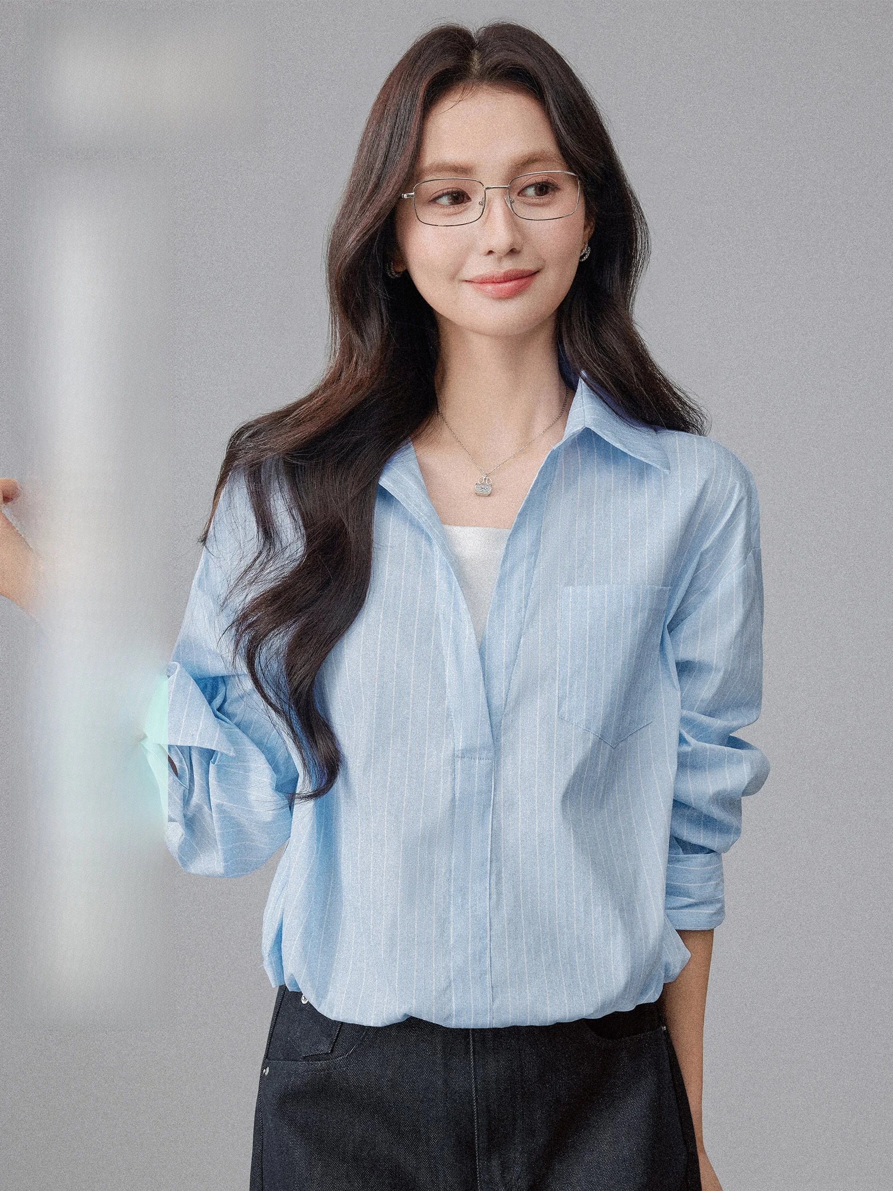 

Blue Striped Casual irt Women's Early Spring Design Korean High nce Feeling Matching Loose Long Sve Ne