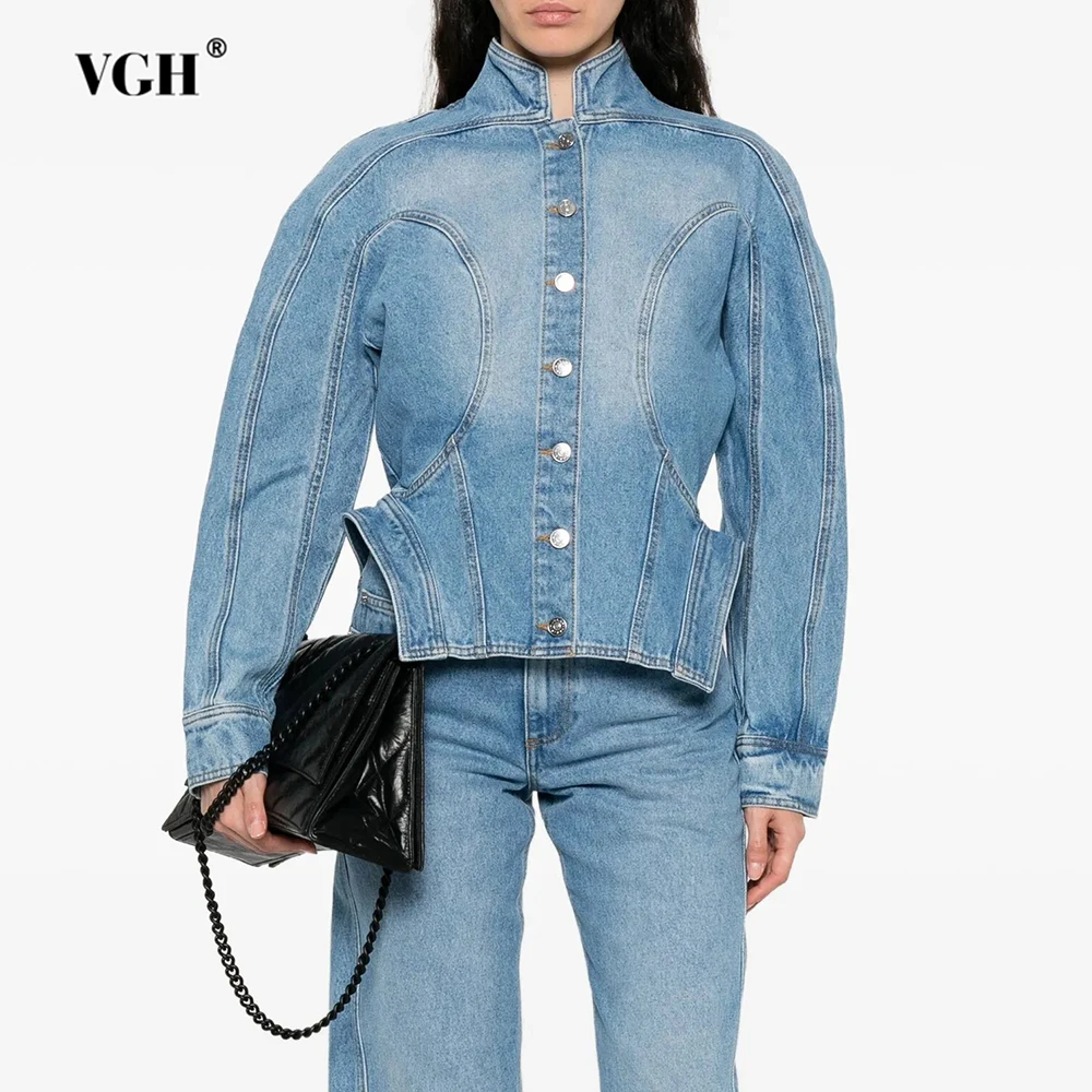 VGH Solid Shoulder Pud Tunic Denim Jacket for Women Stand Collar Distressed Wash Asymmetrical Fashion Short Jacket Female Spring