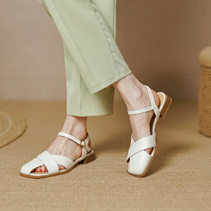 Women Sandals SmallHut Summer Genuine Leather Low Heeled Ladies Beige Geen Ankle Strap Side Buckle Closed Toe Fisherman Shoes