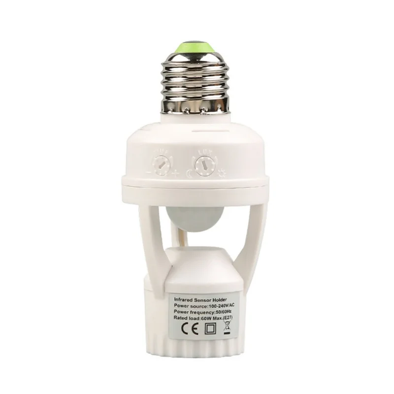

100-240V E27 Sensor Lights Socket 10-300 Second Delay Time 6m Sensing Distance IR Motion Activated Lamp Bulb Holder Adapt
