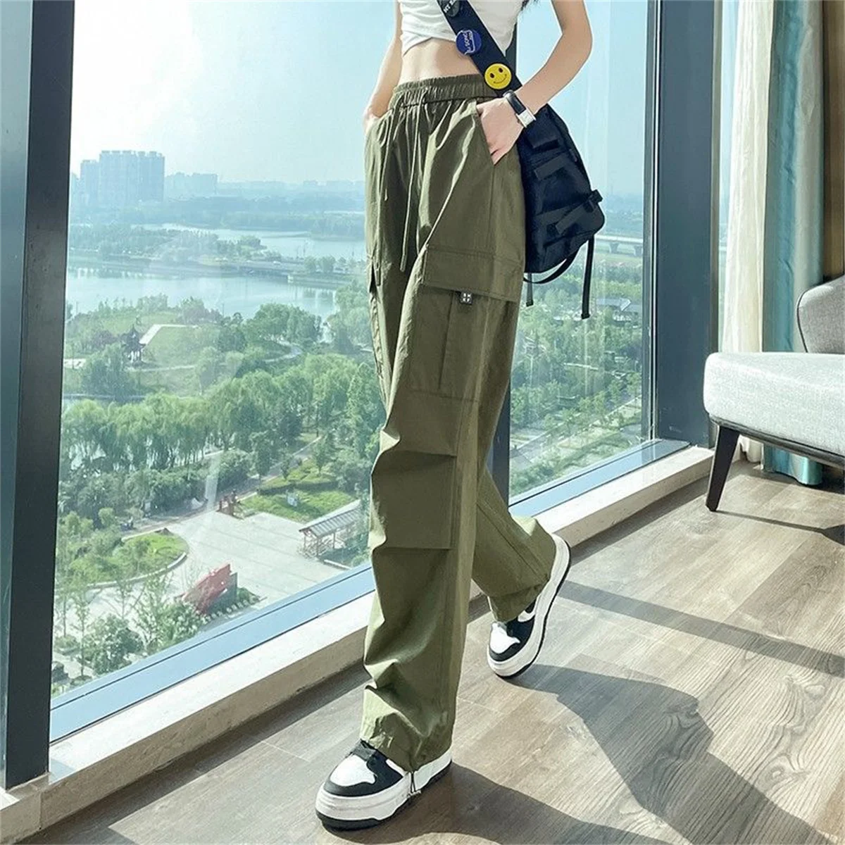 Green Women Tech Pants Drawstring Black Low Waist Wide Leg Trousers Oversized Sweatpant Baggy Joggers Streetwear Cargo Pant