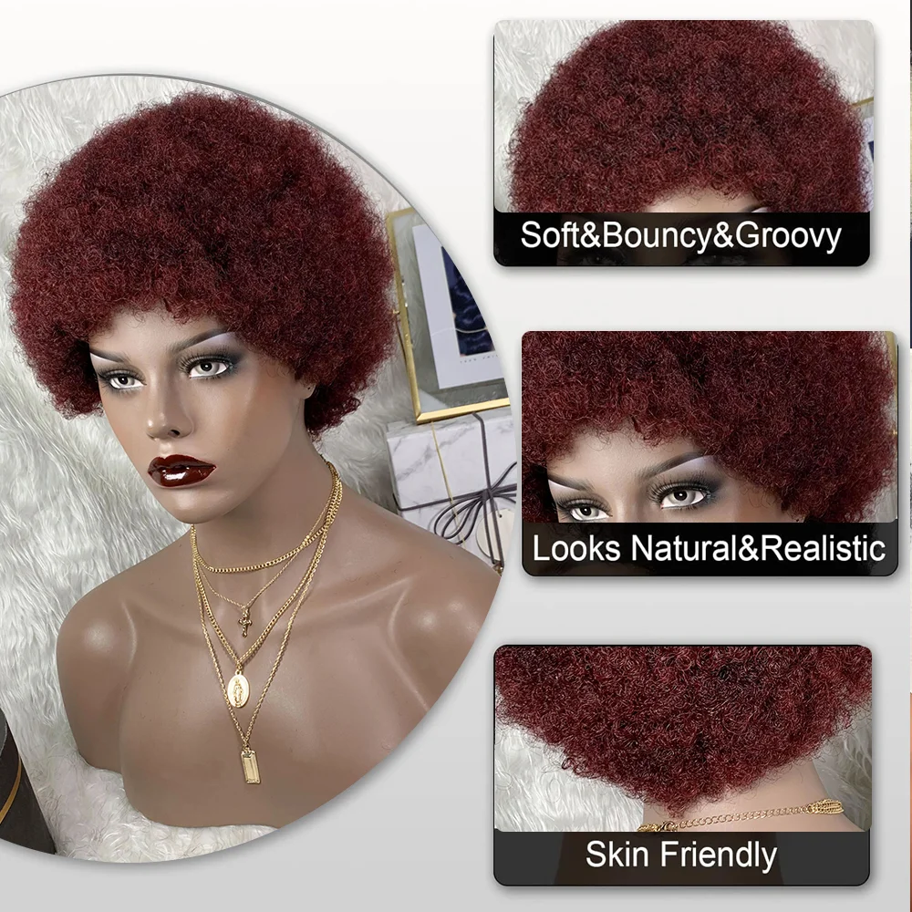 أحمر غريب الأفرو الباروكات قصيرة الأفرو شعر مستعار شديد التجعد مع الانفجارات البرازيلي رقيق حليقة خصلات الشعر المستعار الإنسان آلة رخيصة صنع عابث قطع شعر مستعار #3