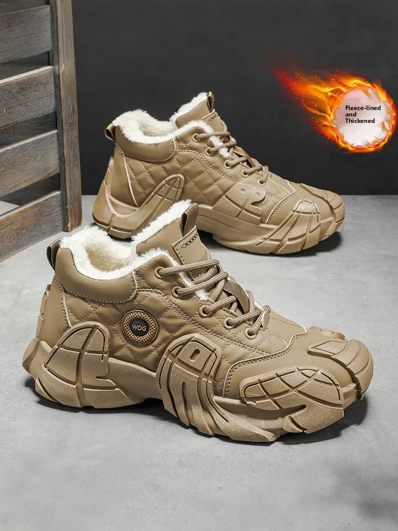 

Men's High-Top Winter Boots Thick Bottom Warm Fleece Lined Sports Casual Work Boots Integrated Leather Fur Snow Boots