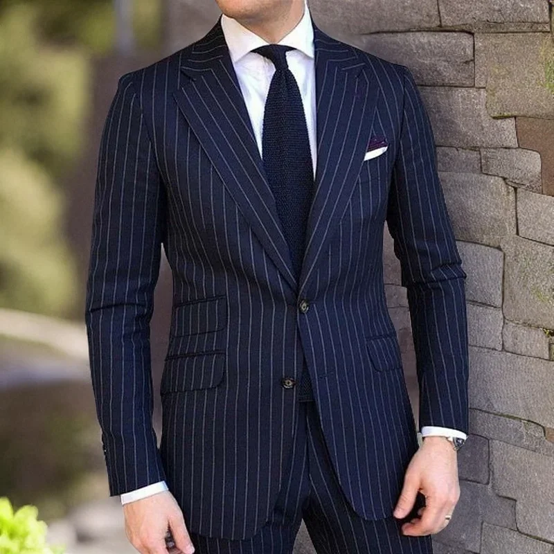 

Navy Blue Pinstripe Men's Suit Slim Fit 2-Piece Set For Formal Wedding Groom Tuxedo Notched Lapel Business Attire 2024