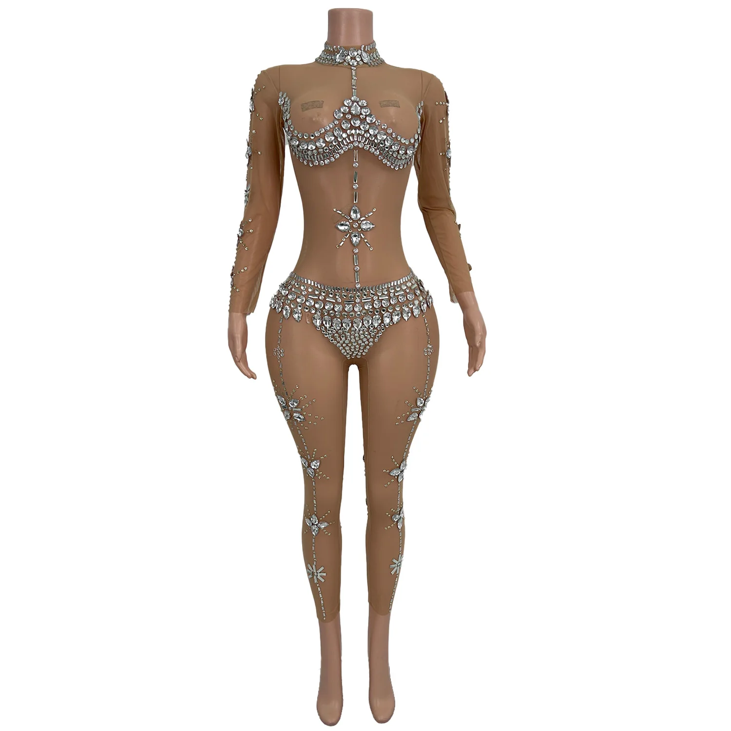 

Sexy Transparent Crystal Rhinestone One Piece Jumpsuit Plus Size Lady Stripper Dancer Outfits Women Club Bodysuit Skinny Rompers