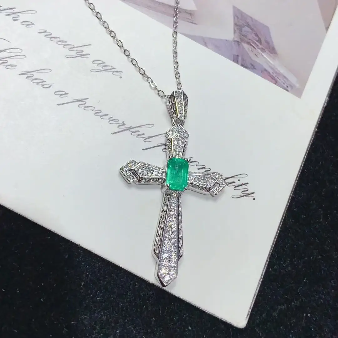 

Cross Natural Emerald Necklace Unique, 925 Sterling Silver Gemstone Collarbone Chain Jewelry