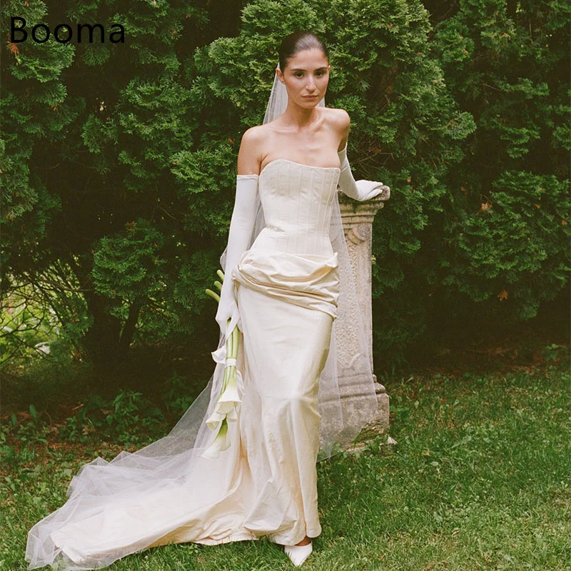 

Booma Mermaid Simple Wedding Dresses Satin Strapless Pleat Lace Up Sleeveless Brides Gown Customize 2025