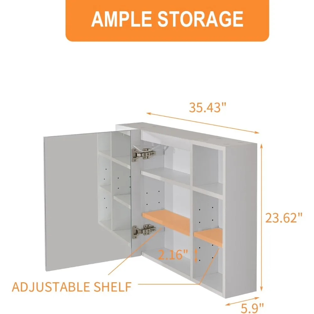 Medicine Cabinet with Defogging Mirror, LED Bathroom Wall Cabinet with Double Sided Mirror on Door, 36x24'' Lighted Medicine