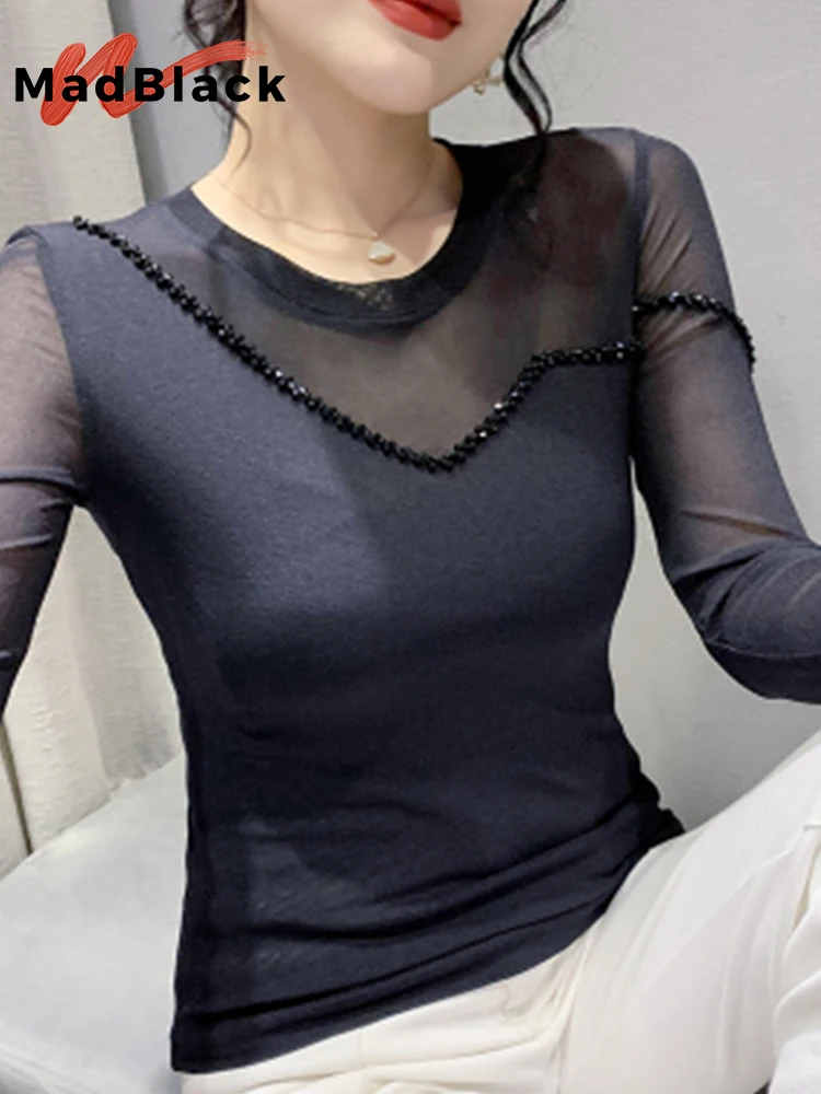 

Round Collar Tshirts Female Sexy Tight Mesh Patchwork Thin Handmade Glitter Beaded Long-Sleeves Tees Tops Autumn Spring T29320X