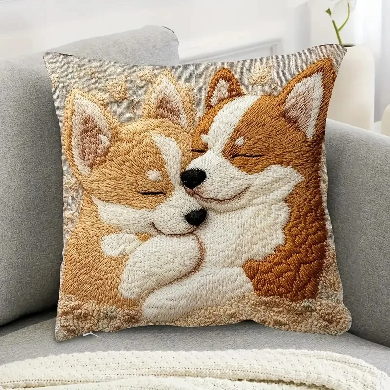 

1pc Cute Dog Short Furry Pillowcase Imitation Knitted Print Car Office Cushion Waist Protection and Backrest Pillow Case