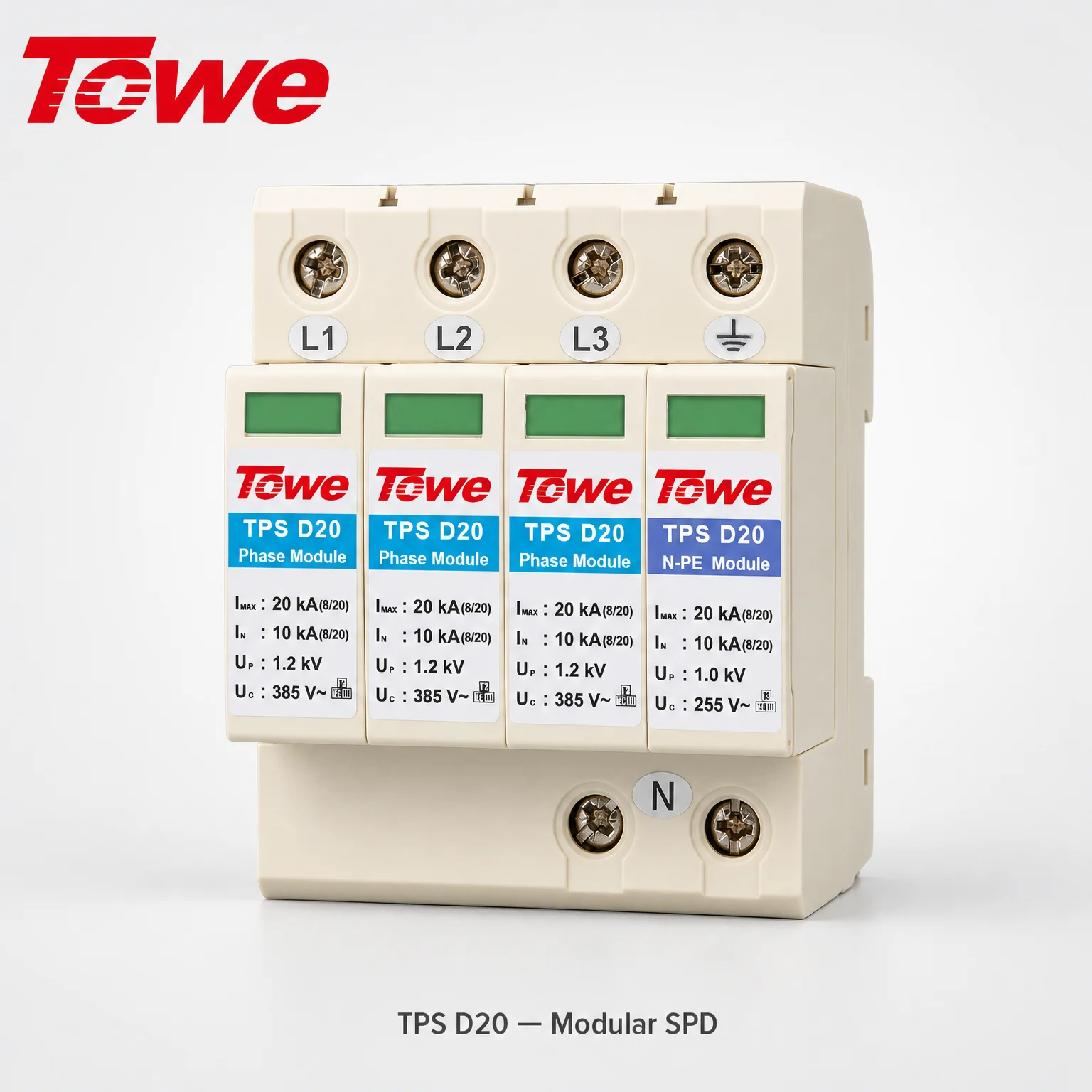 TOWE Type 3 SPD Surge Protective Device 20kA Class D Surge Protector 385V Modular DIN Rail 1P+N 3P 4P for AC 230/400V
