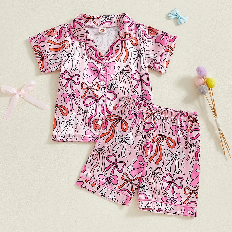 

Kids Baby Girls Summer Pajamas Set Bow Star Pattern Button Down V Neck Short Sleeve Tops and Shorts Lounge Wear 2 Pcs Set