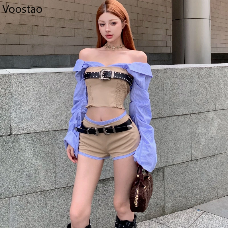 Fashion Korean Sexy 2 Piece Sets Women High Street Y2k Striped Long Sleeve Patchwork Shirt Belt Shorts Suit Female Chic Outfits